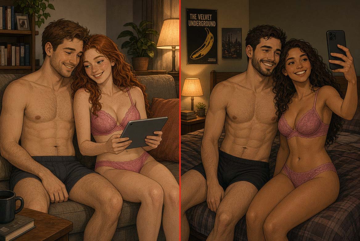 Couple choosing their level on the couch, then together in the bedroom