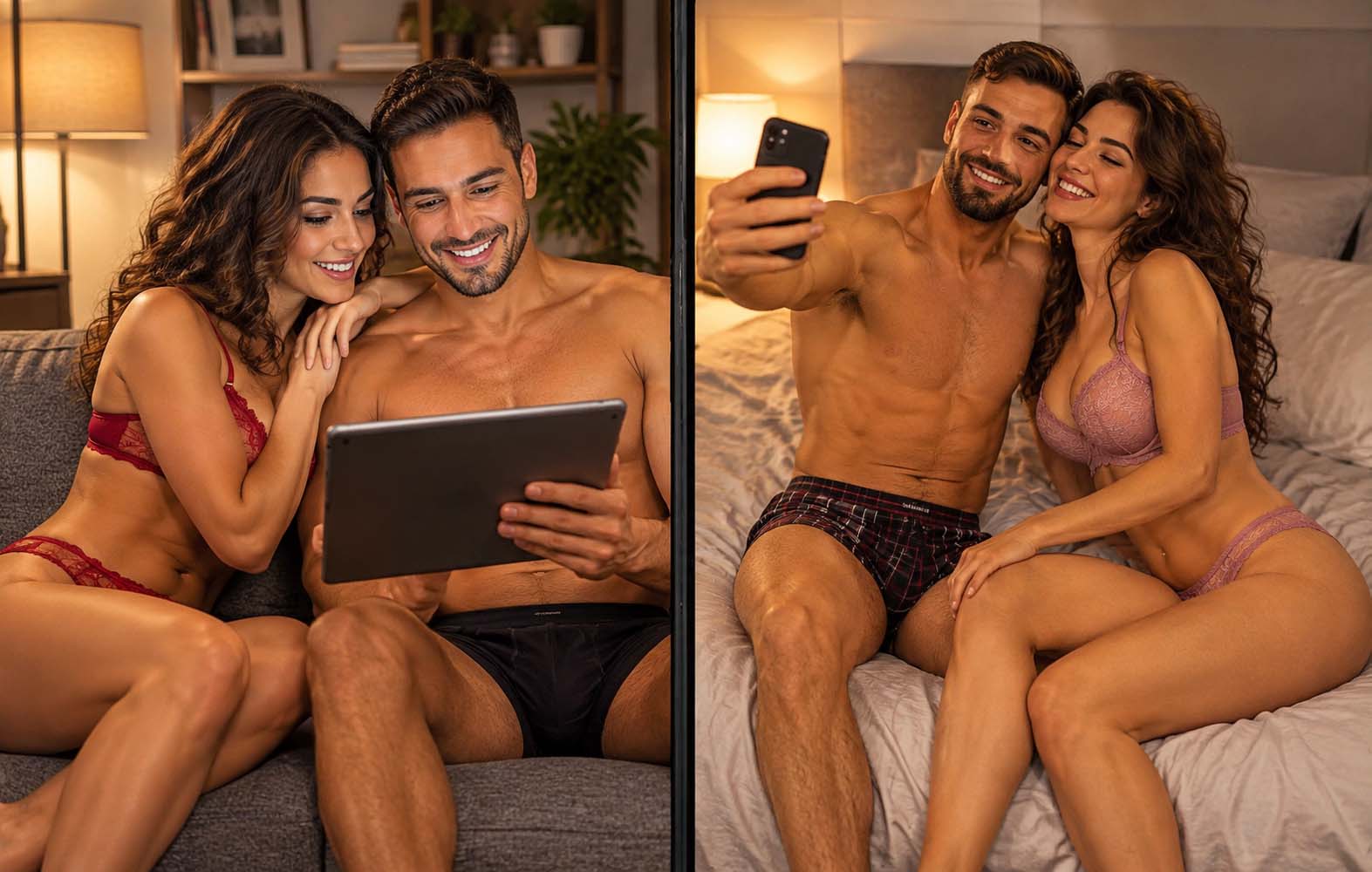 Couple smiling over the game, then sending a selfie from bed